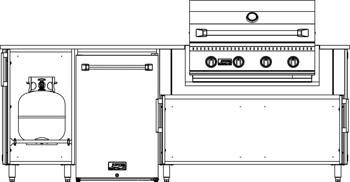Illustration of island construction. Setup service only; island and appliances sold separately. No gas connections.
